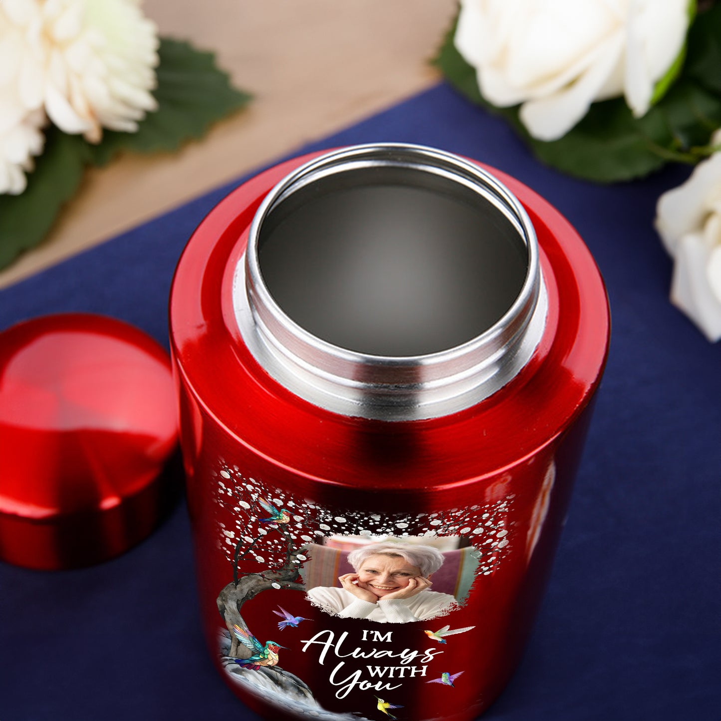 I Am Always With You keepsake wings urn for ashes. Stainless steel memorial urn for remembrance.