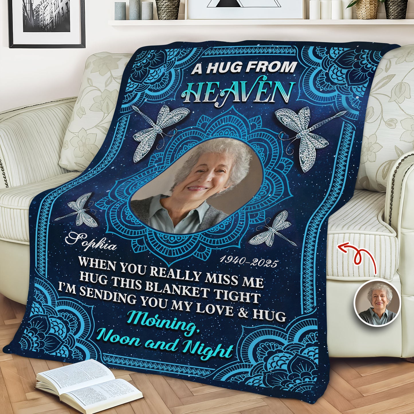 Personalized memorial blanket with mandala design and "I am always with you" message.