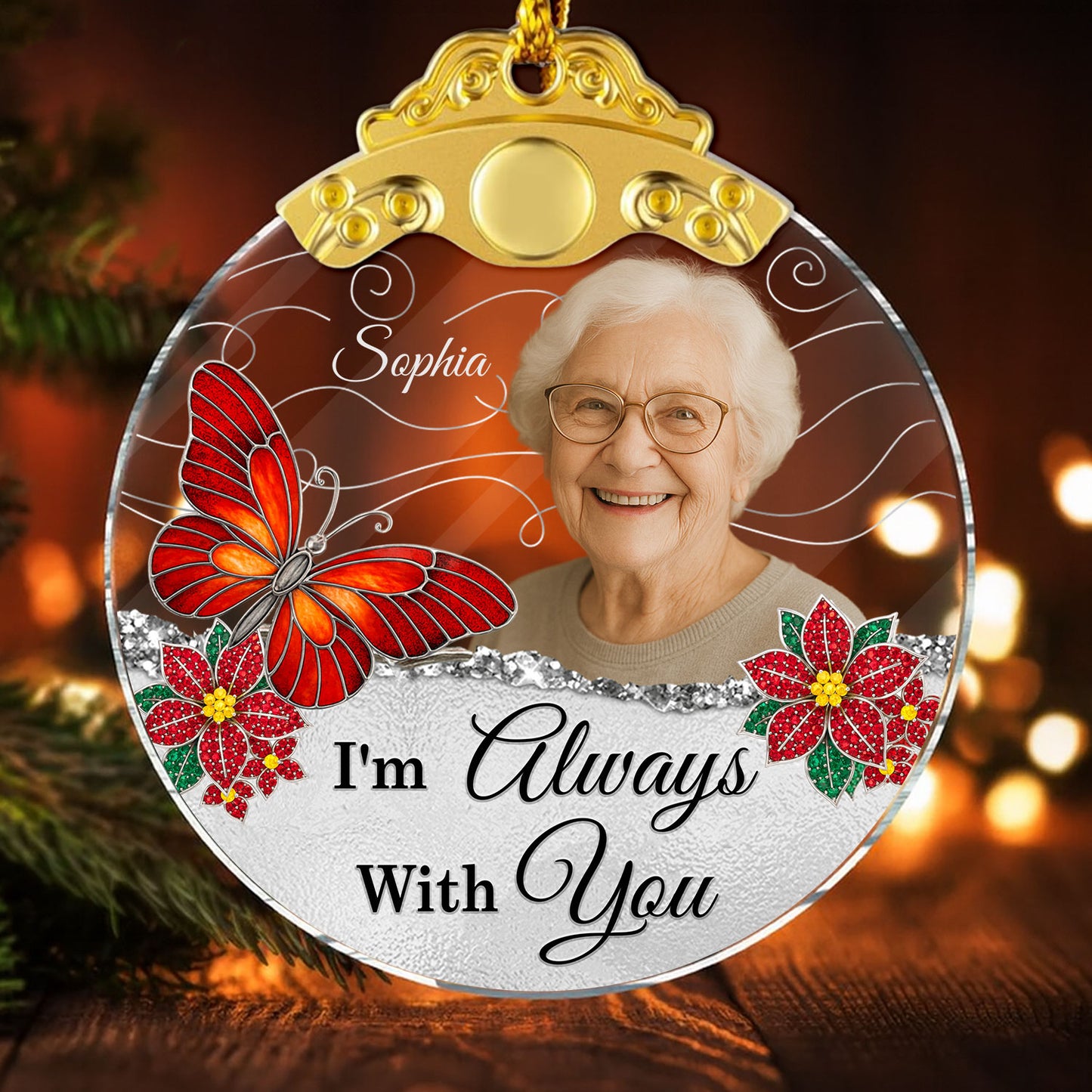 Personalized "I Am Always With You" glass ornament with silver and gold cap.