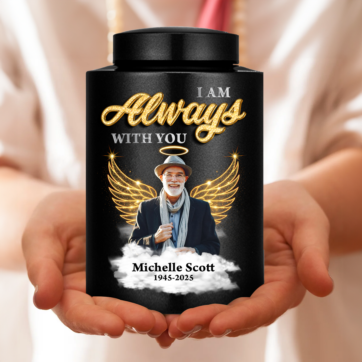 Stainless steel wings urn for ashes, a beautiful "I am always with you" keepsake.