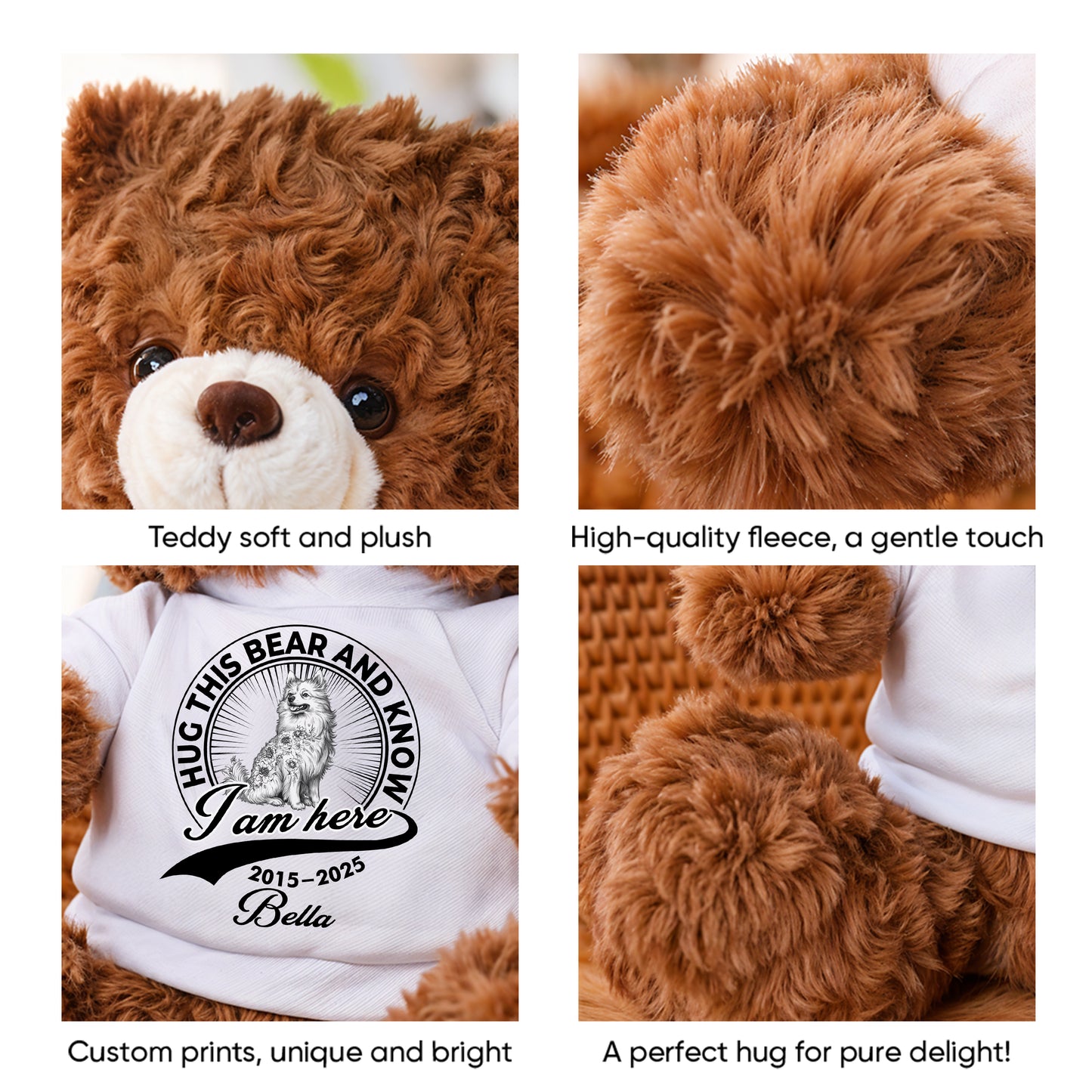 Personalized "I Am Here" Teddy Bear Plush. Custom stuffed animal for kids with unique message.