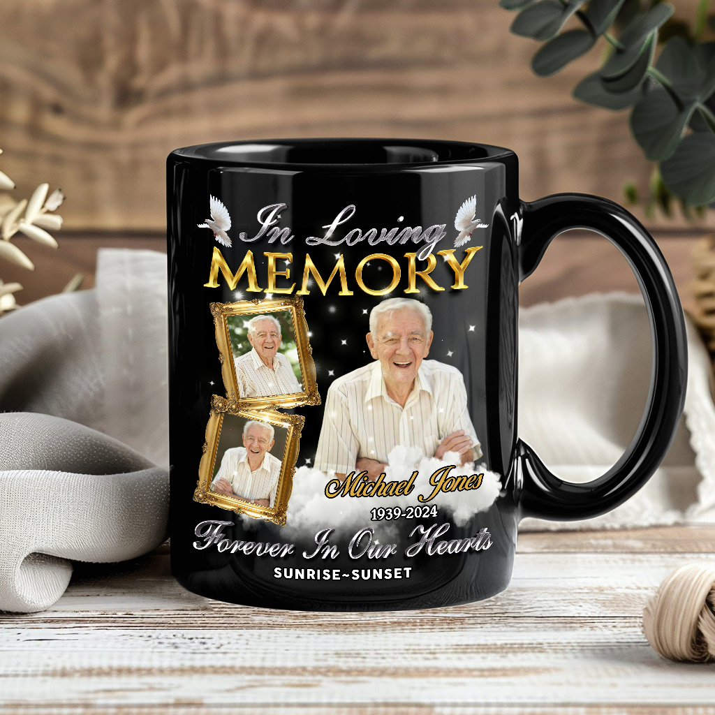 Personalized In Loving Memory Coffee Mug with custom photo and dates.