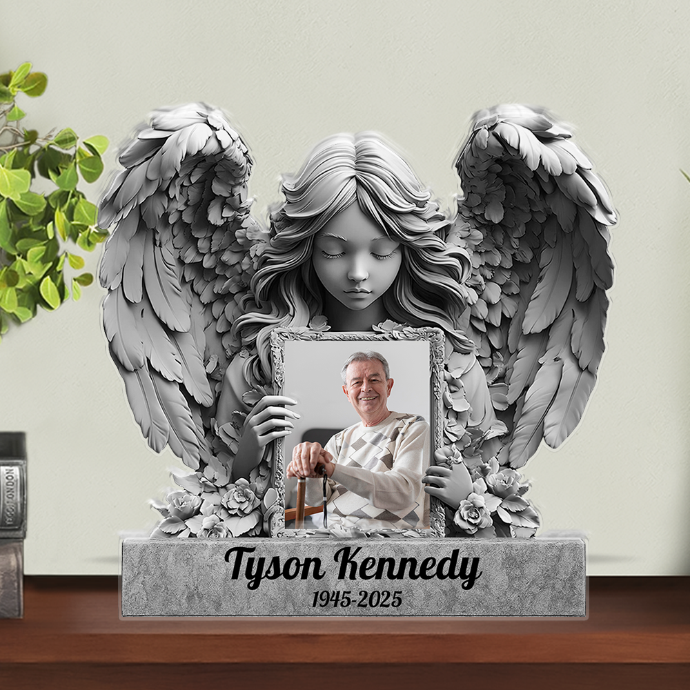 Personalized In Loving Memories Angel Memorial Acrylic Plaque with custom name and dates.