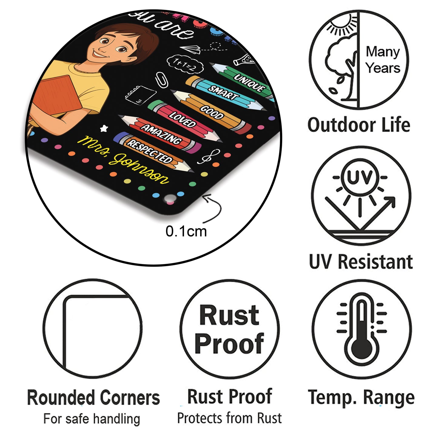 Personalized "In Our Classroom" metal sign for teachers, displayed in a classroom setting.