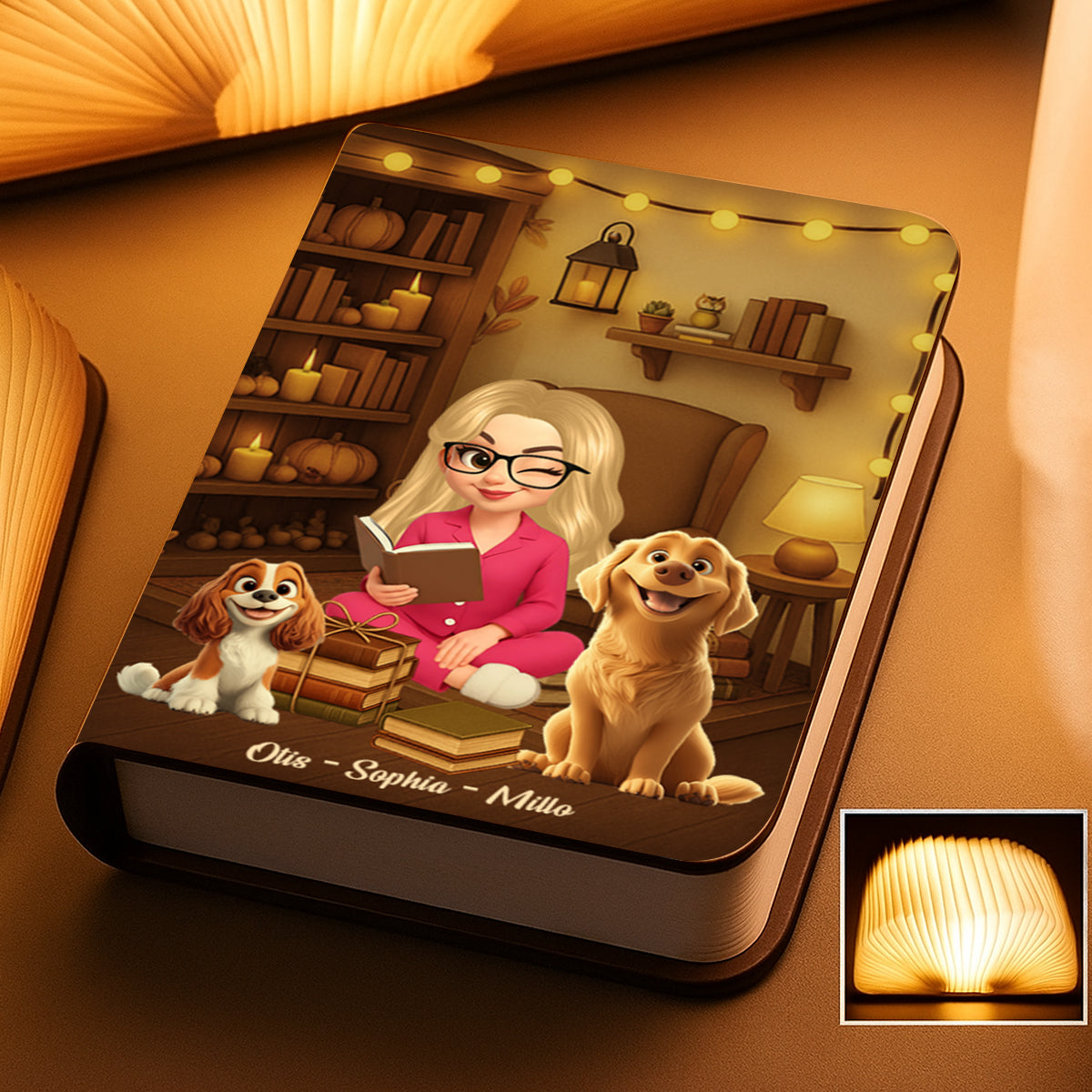 Personalized book lamp featuring a girl who loves books and dogs, custom gift for bookworms and dog lovers.