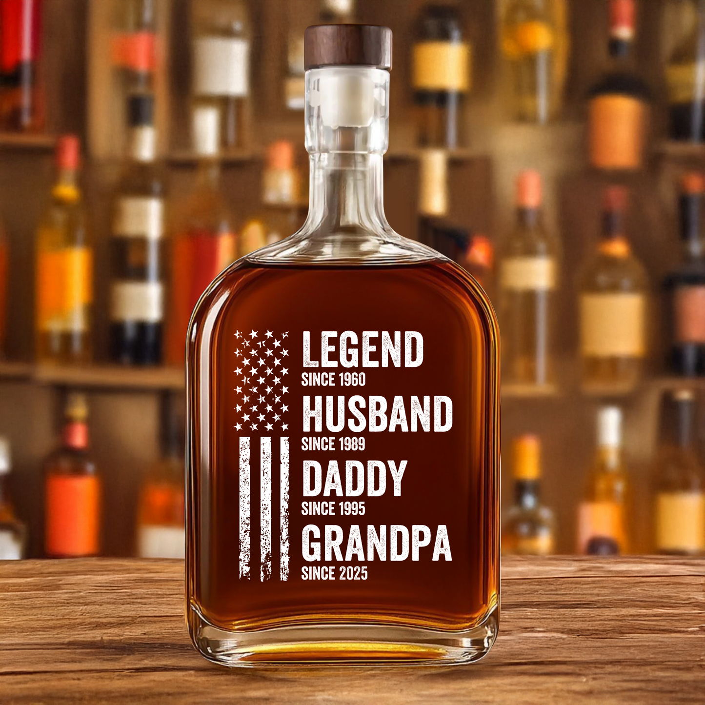 Personalized whiskey bottle gift for husband or dad. Custom engraved family name, perfect Father's Day present.