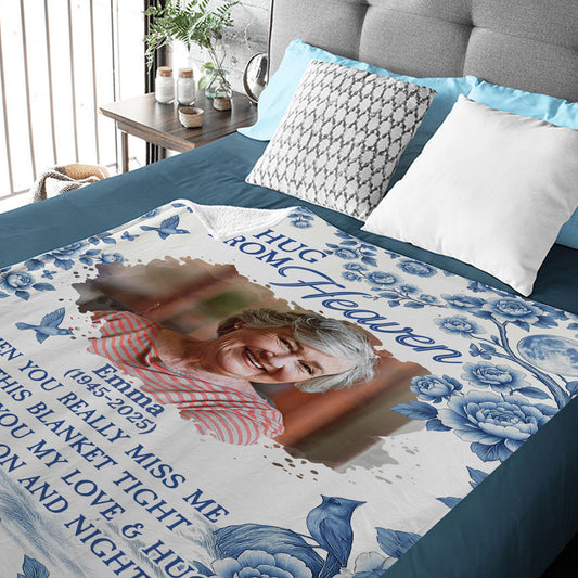 Memorial blanket with blue floral design. A personalized sympathy gift to remember a loved one.