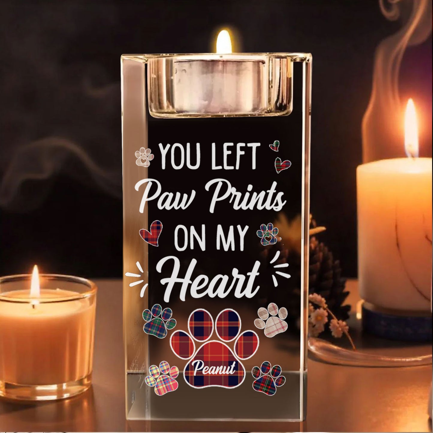 Personalized memorial candle holder for pets, "Paw Prints on My Heart," a touching pet remembrance gift.