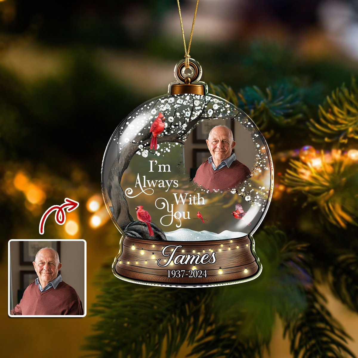 Personalized Memorial Snowball Ornament: Custom acrylic ornament to honor loved ones.