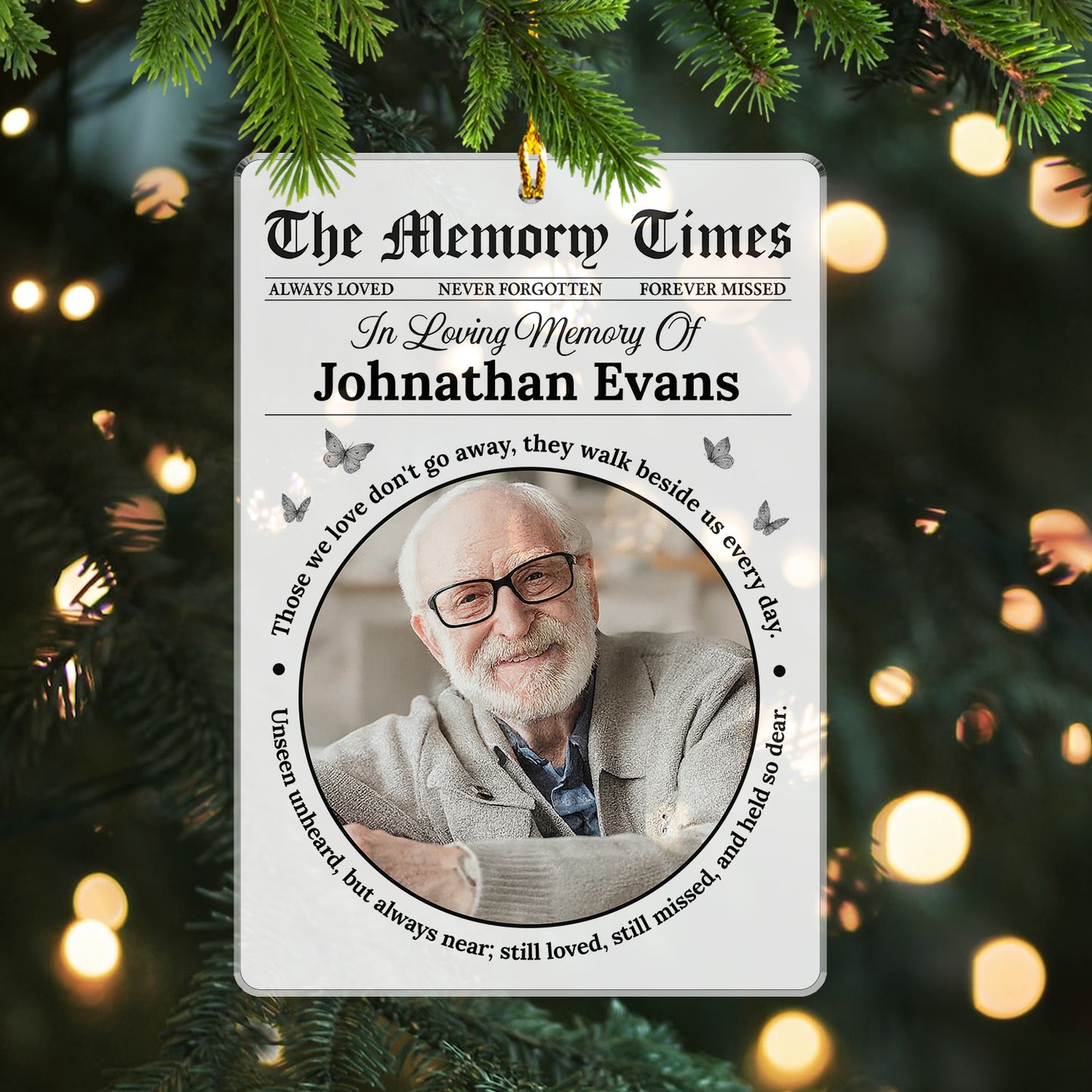 Personalized acrylic ornament with photo and "Memory Times" text.