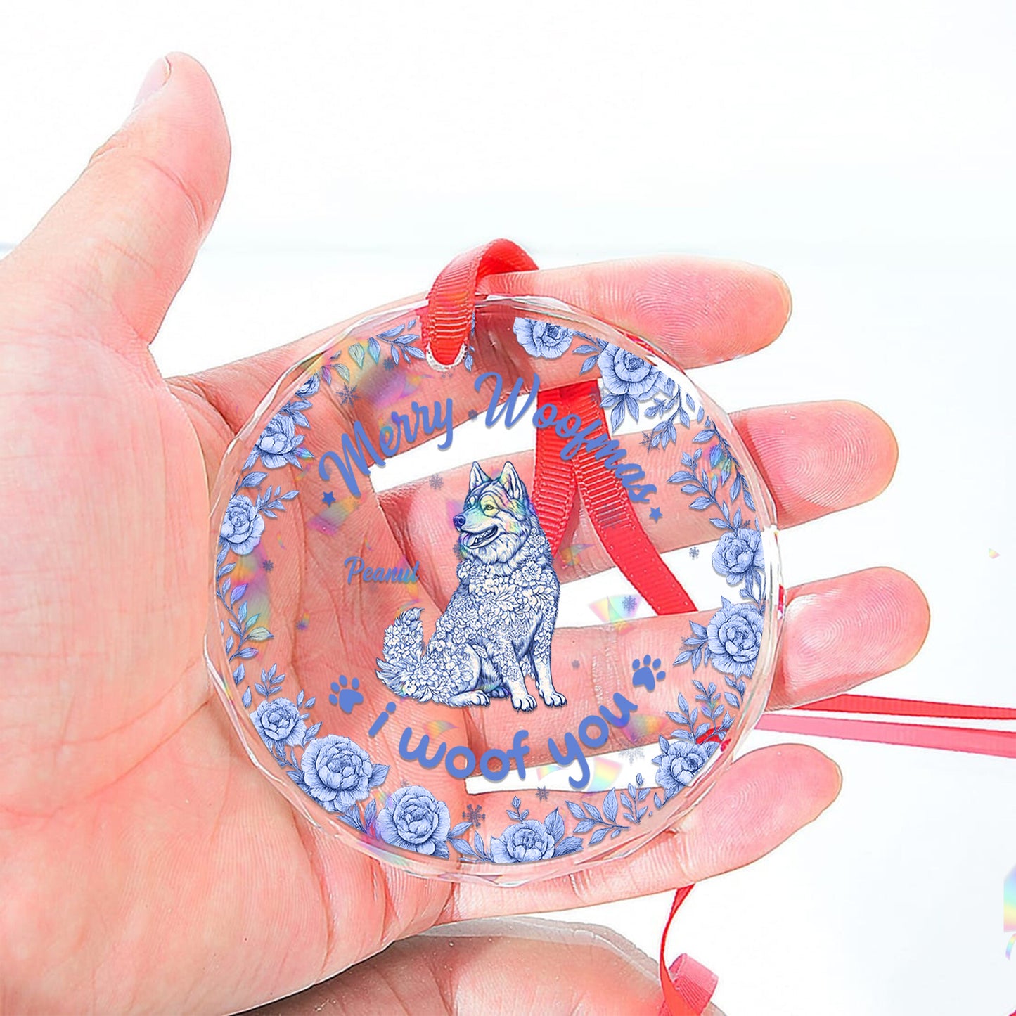 Personalized "Merry Christmas" dog floral glass ornament.