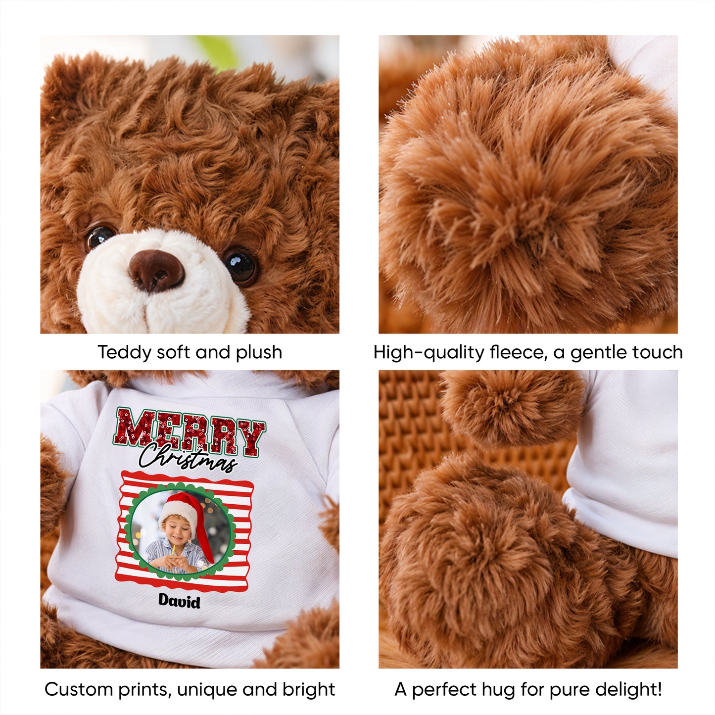 Merry Christmas Personalized Teddy Bear Plush - A custom stuffed animal with festive holiday design.