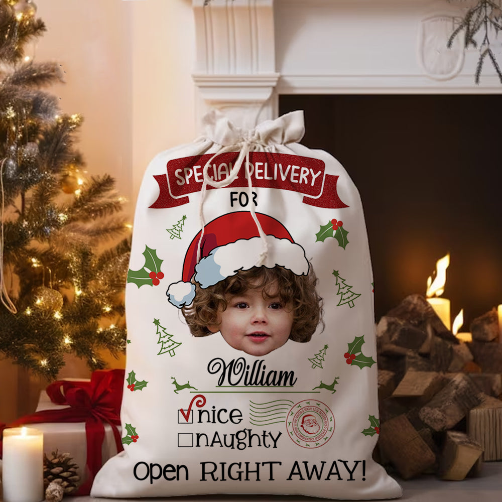 Personalized "Merry Christmas Special Delivery" Christmas sack, a unique gift bag for family.