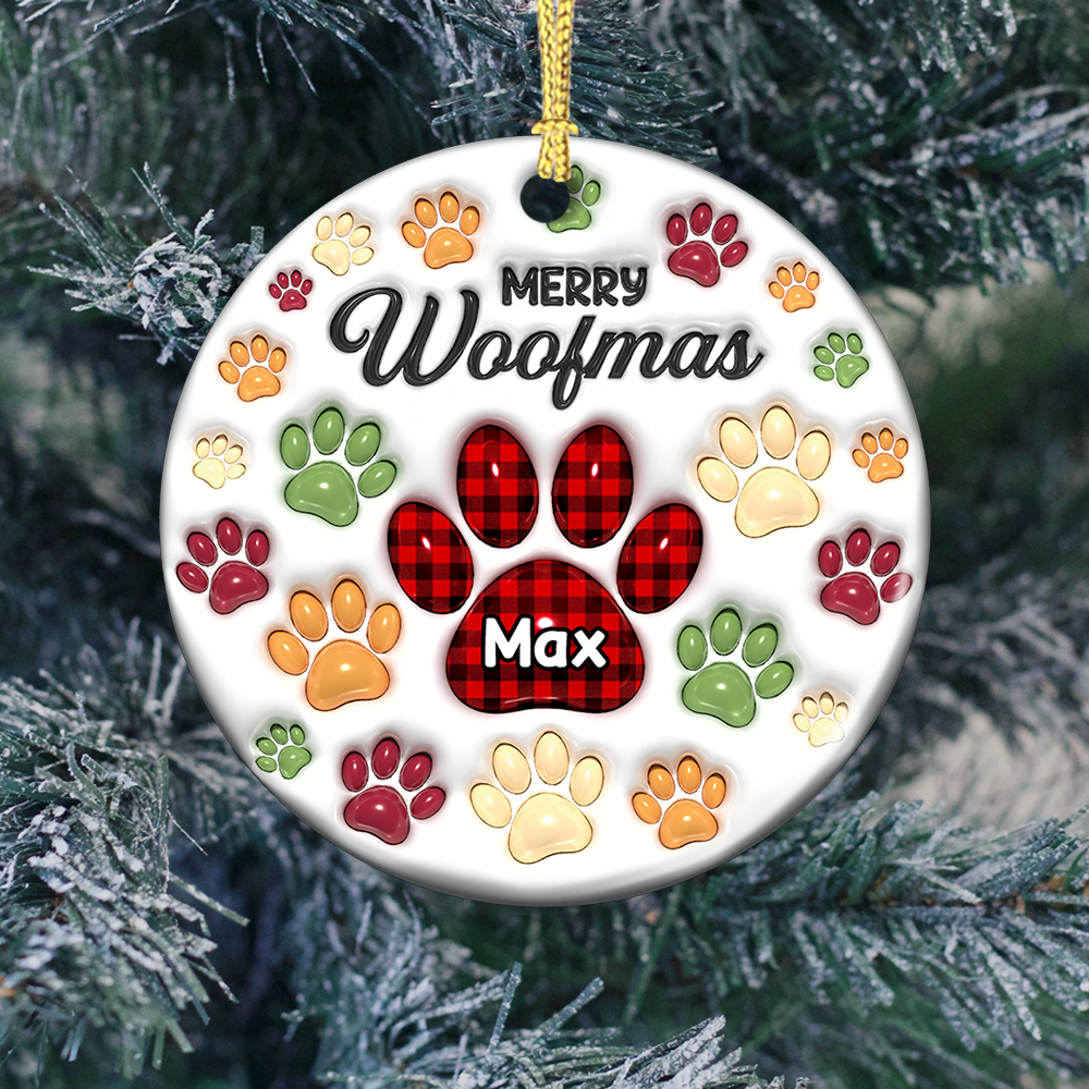 Personalized "Merry Woofmas" dog lover ornament with custom dog photo. A unique Christmas gift for dog owners.