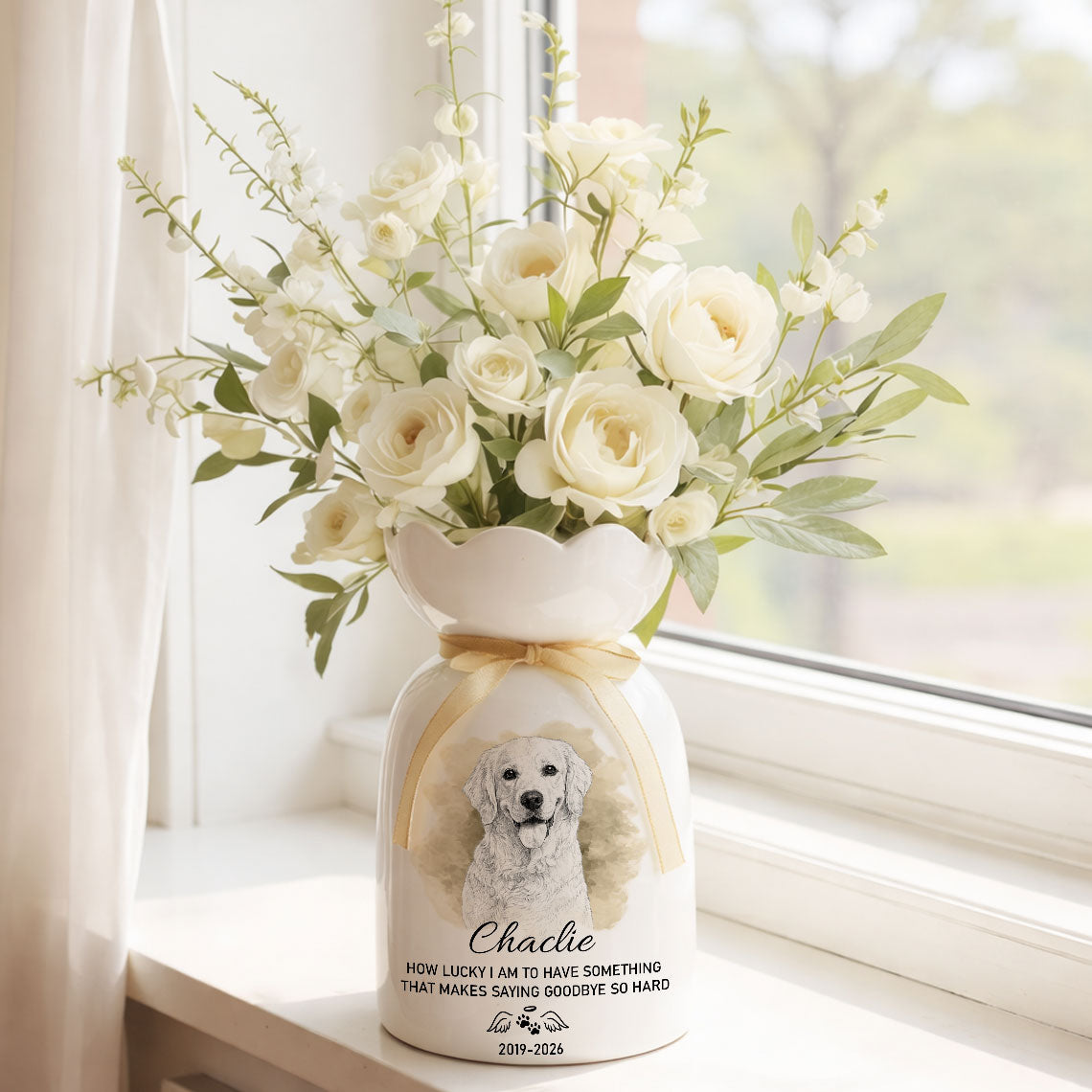 Custom Photo Pencil Sketch Art How Lucky I Am Pet Loss - Personalized Custom Ribbon Tie Flower Vase