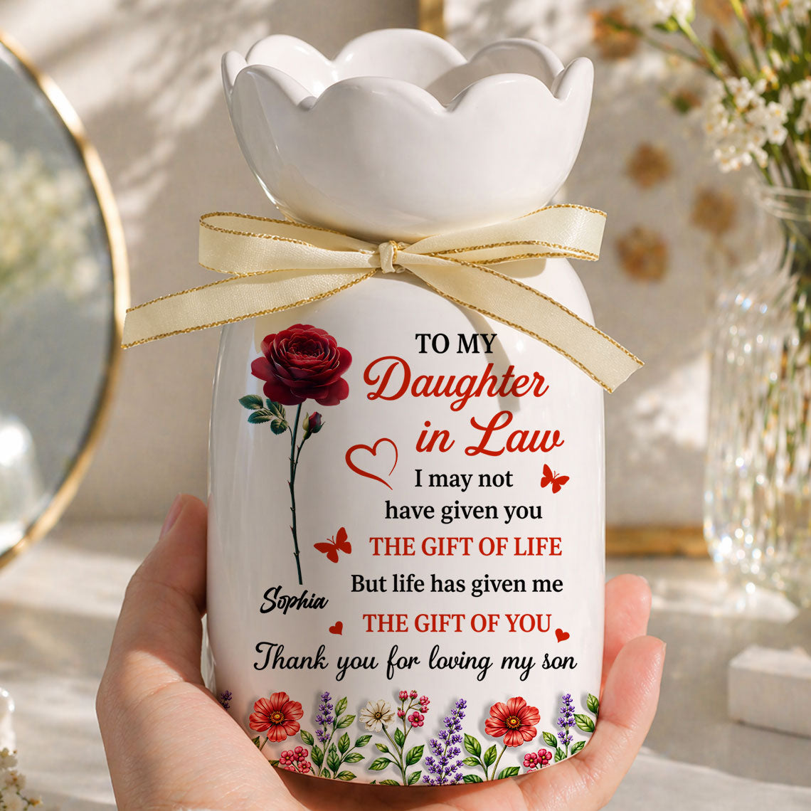A Daughter By Heart - Custom 3D Inflated Effect - Personalized Custom Ribbon Tie Flower Vase