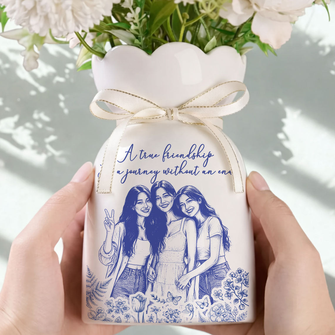 Custom Photo Pencil Sketch A True Friendship Is A Journey Without An End - Personalized Custom Ribbon Tie Flower Vase