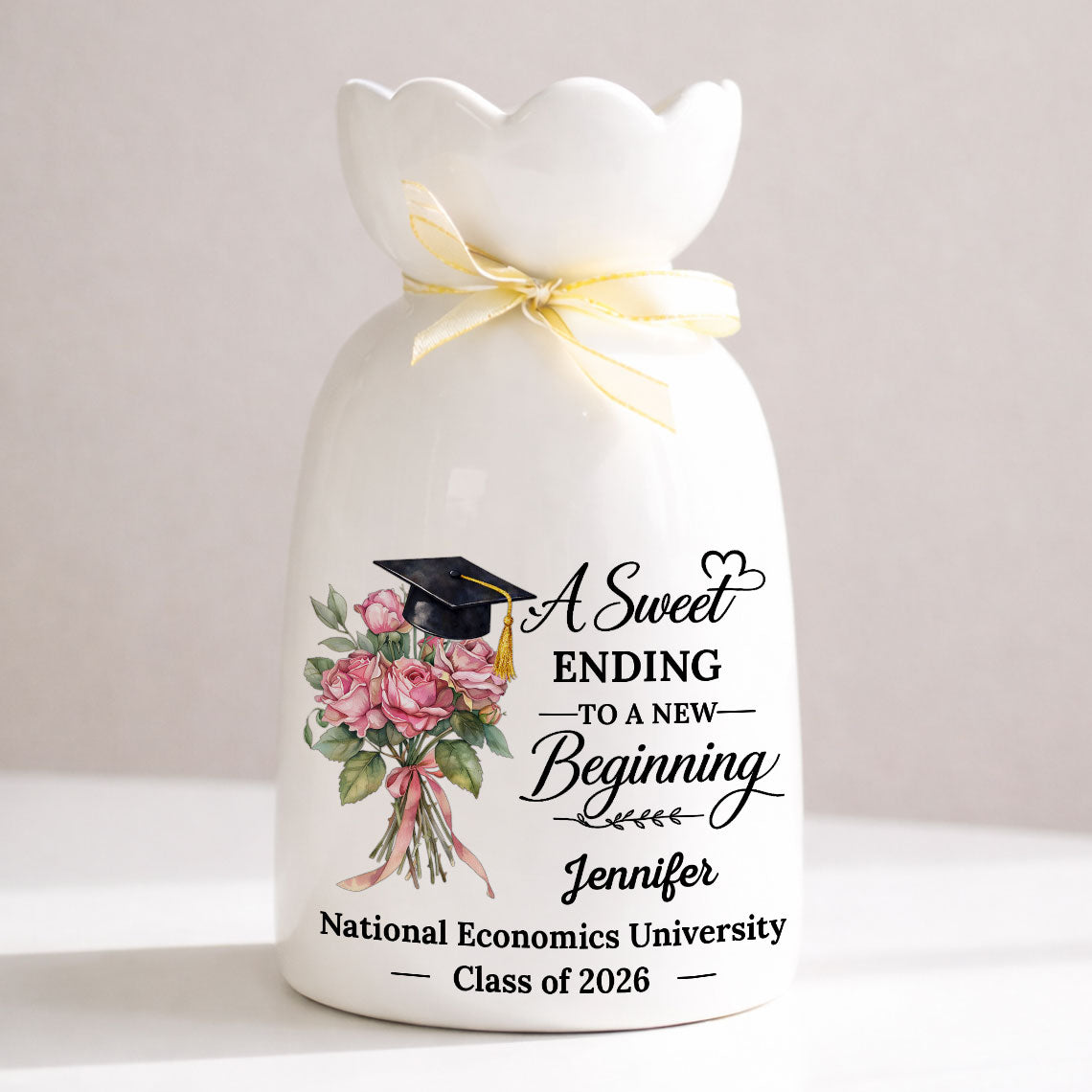 A Sweet Ending To A New Beginning - Personalized Custom Ribbon Tie Flower Vase
