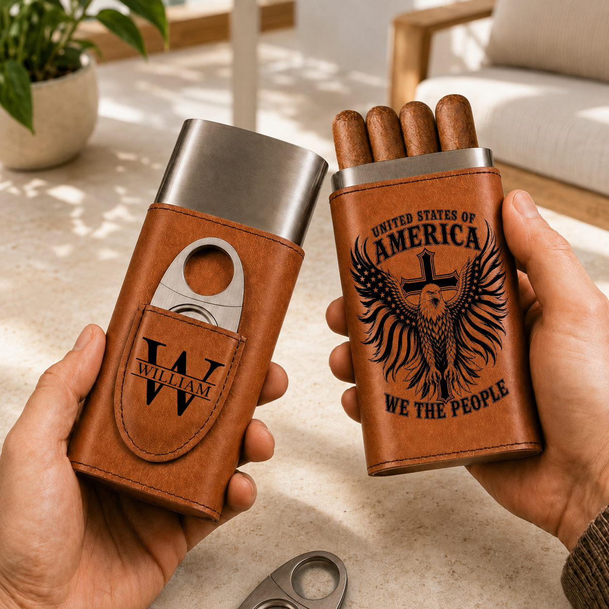 United States Of America - Gift For Him, Travel Leather Case With Cutter - Personalized Cigar Case