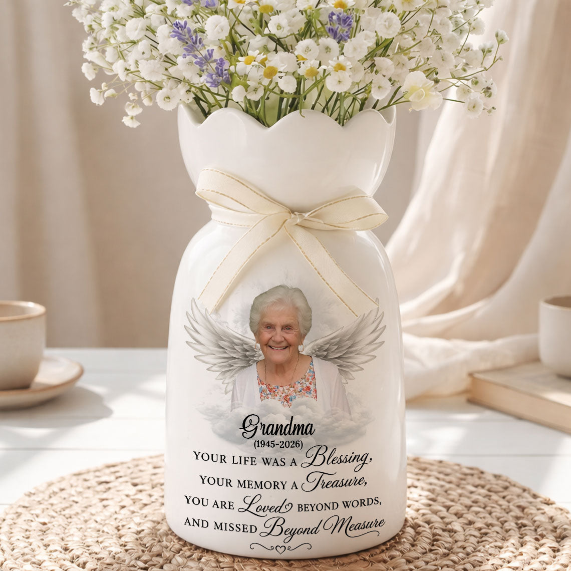Custom Photo Pencil Sketch Your Life Was A Blessing- Personalized Custom Ribbon Tie Flower Vase