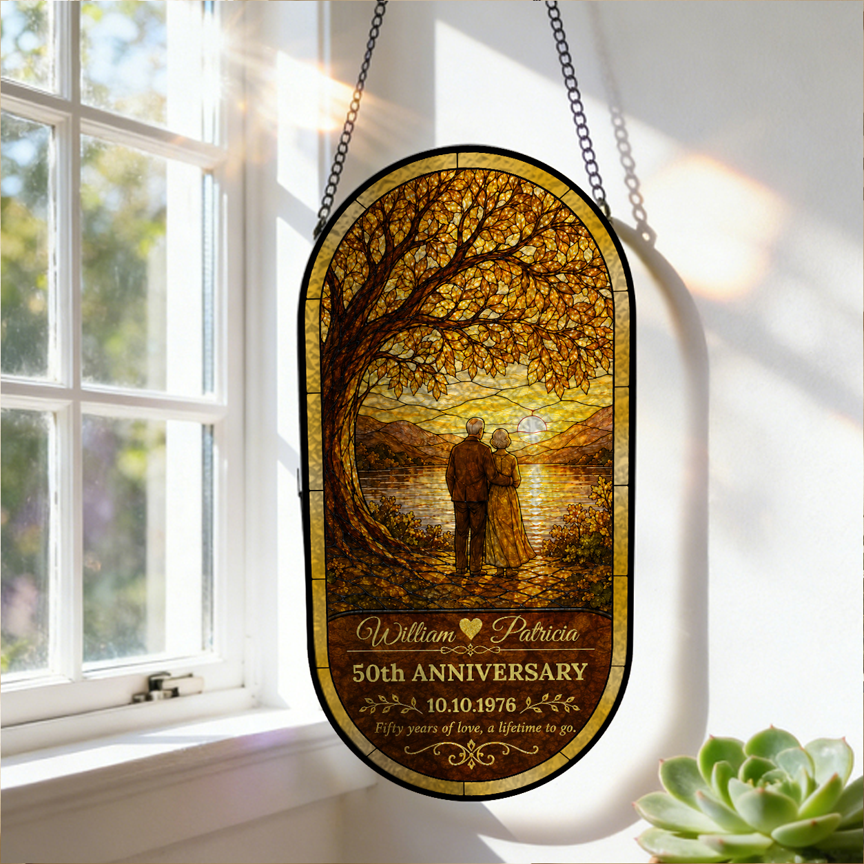 Our Anniversary - Personalized Oval Stained Glass Suncatcher