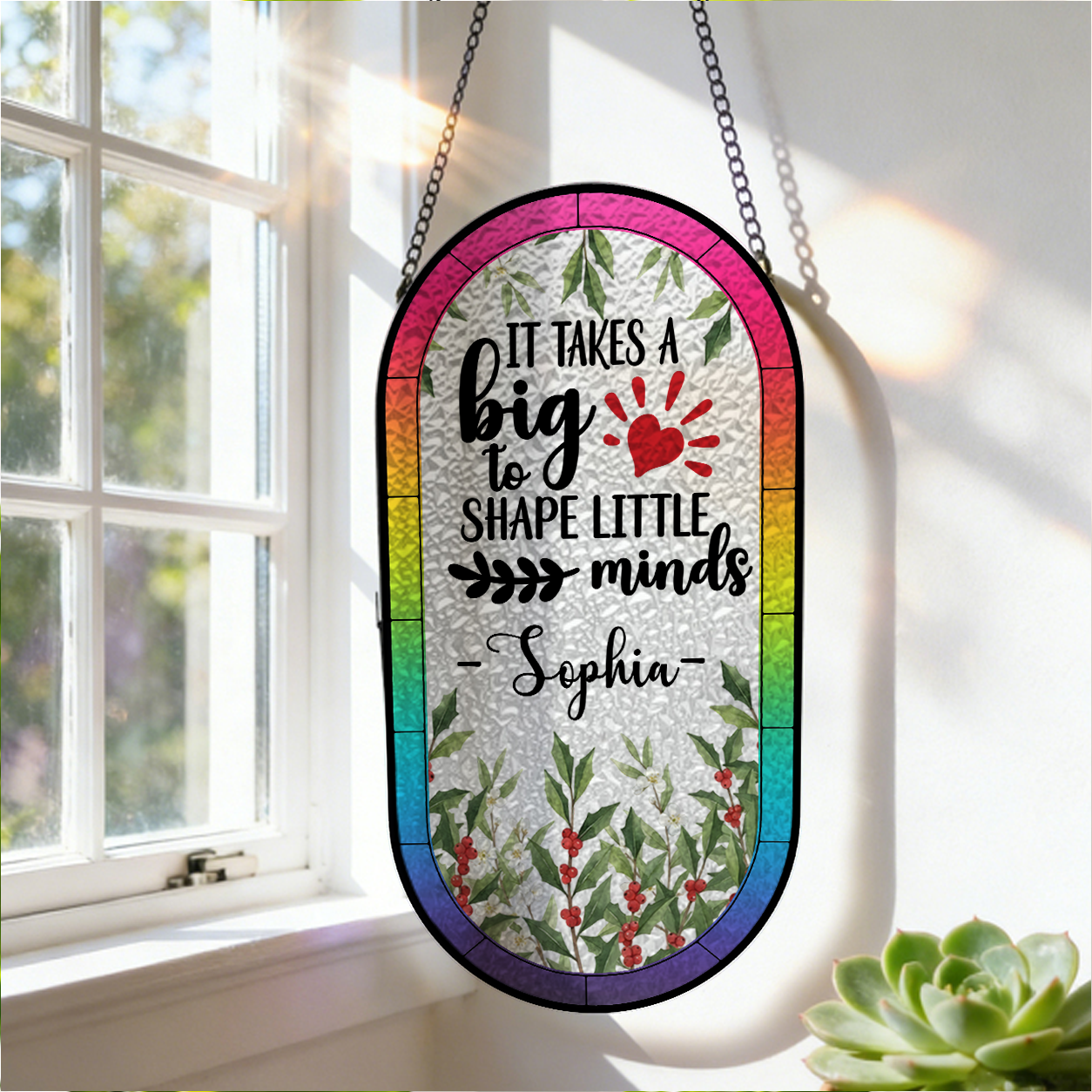 Teacher Name Gifts For Her - Personalized Rounded Rectangle Stained Glass Suncatcher