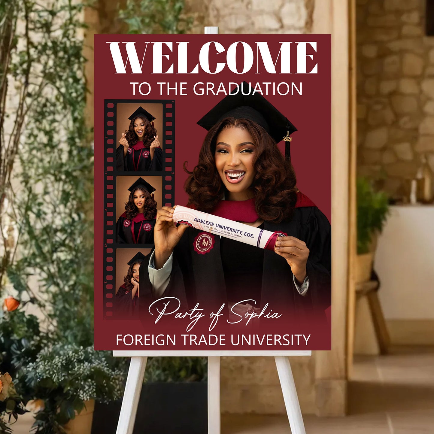 Congrats Graduation Red Theme - Personalized Graduation Welcome Sign - Custom Photo Welcome Sign