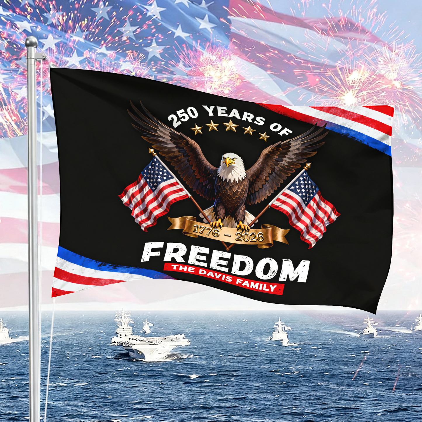 Custom Family Name 250 Years of Freedom American Flag - Semiquincentennial Eagle Flag - Personalized House Flag