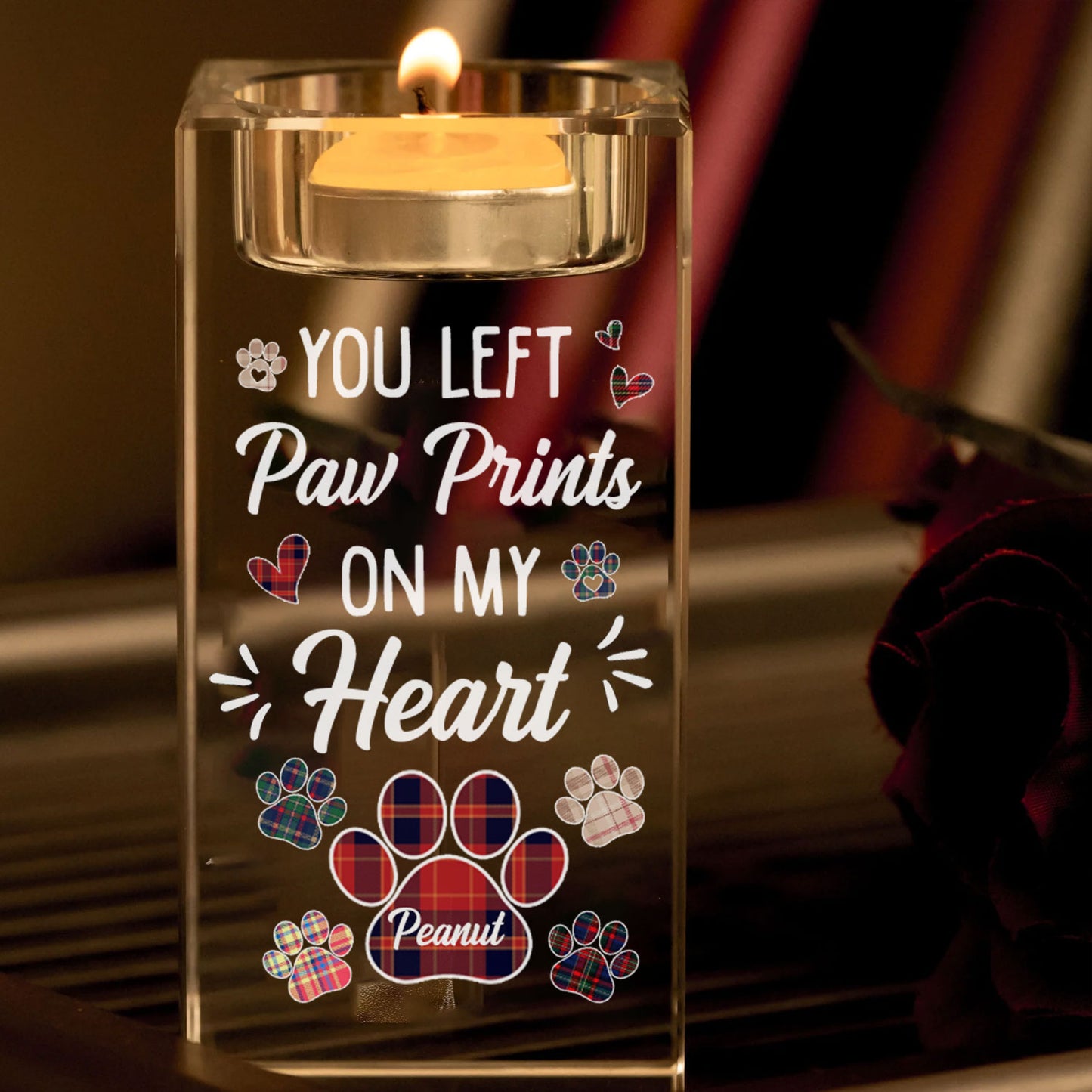 Memorial Dog Cat You Left Paw Prints On My Heart - Personalized Crystal Candle Holder