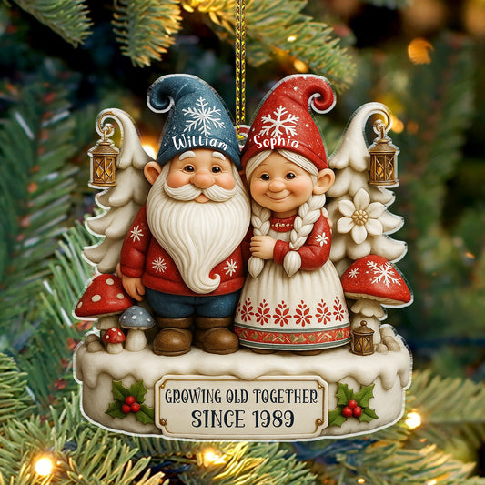 3D Effect Gnome Couple Together - Personalized Acrylic Ornament