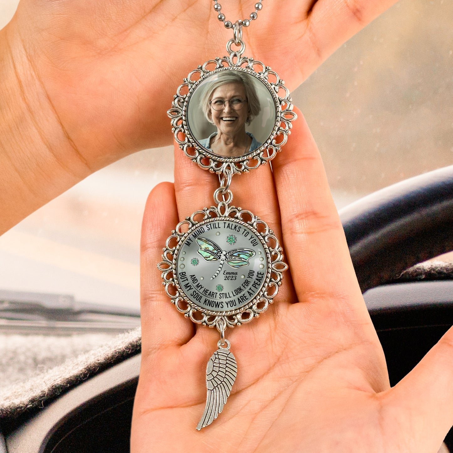 Dragonfly My Mind My Heart My Soul - Personalized Photo Car Ornament With Charm