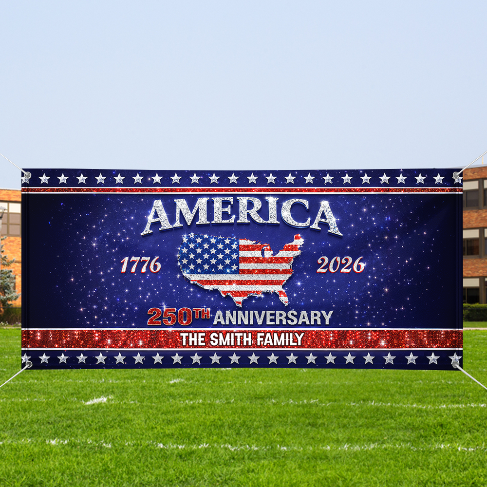 Personalized Family Name America 250th Anniversary Banner - Patriotic 2026 Outdoor Decor - Custom Door Banner