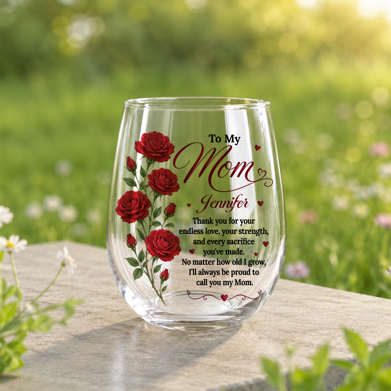 To My Mom Personalized Stemless Clear Glass – Custom Name & Birth Month Flower Gift Glass, 15oz, Mothers Birthday Gift