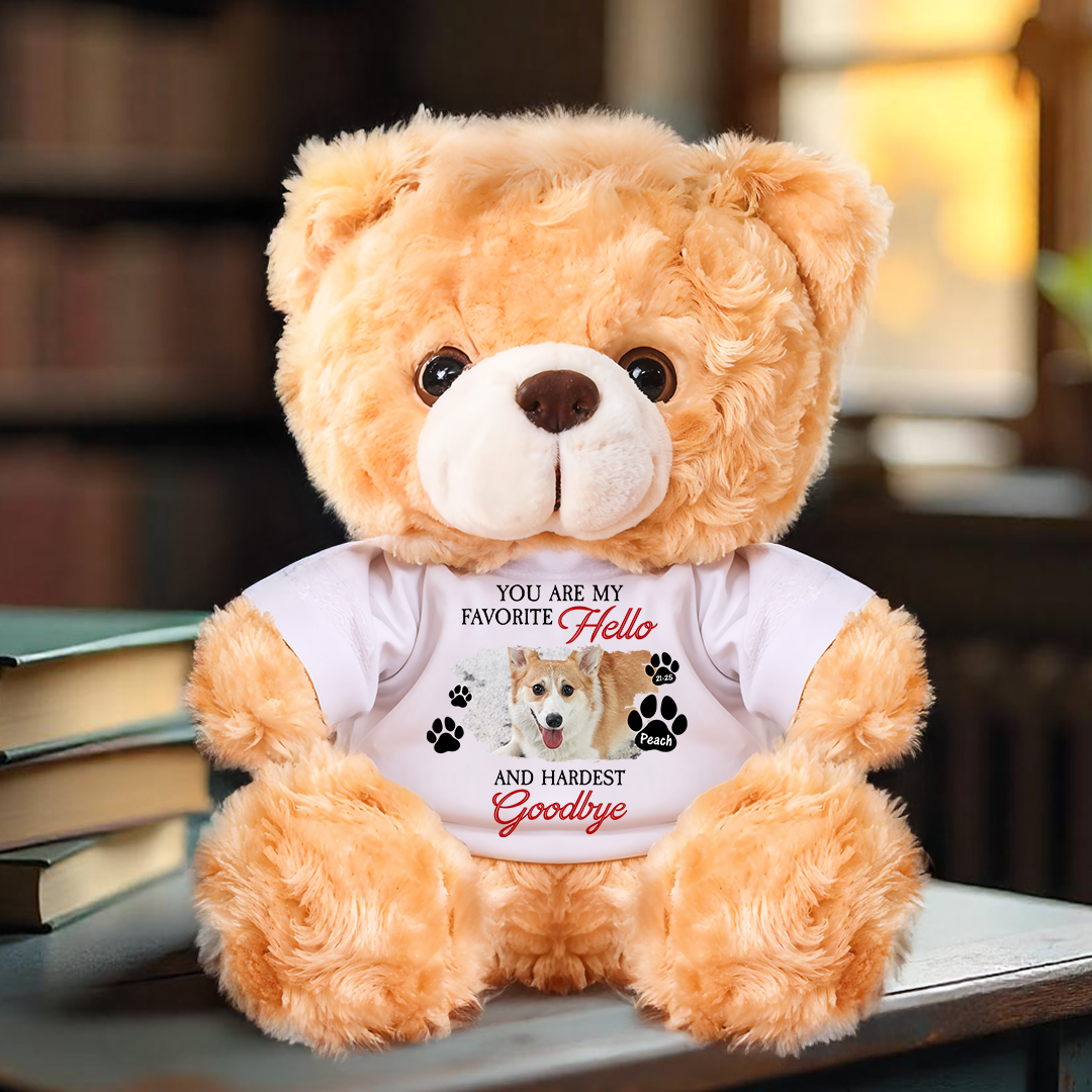 Personalized "My Favorite Hello" Memorial Teddy Bear - A custom sympathy gift for pet lovers.