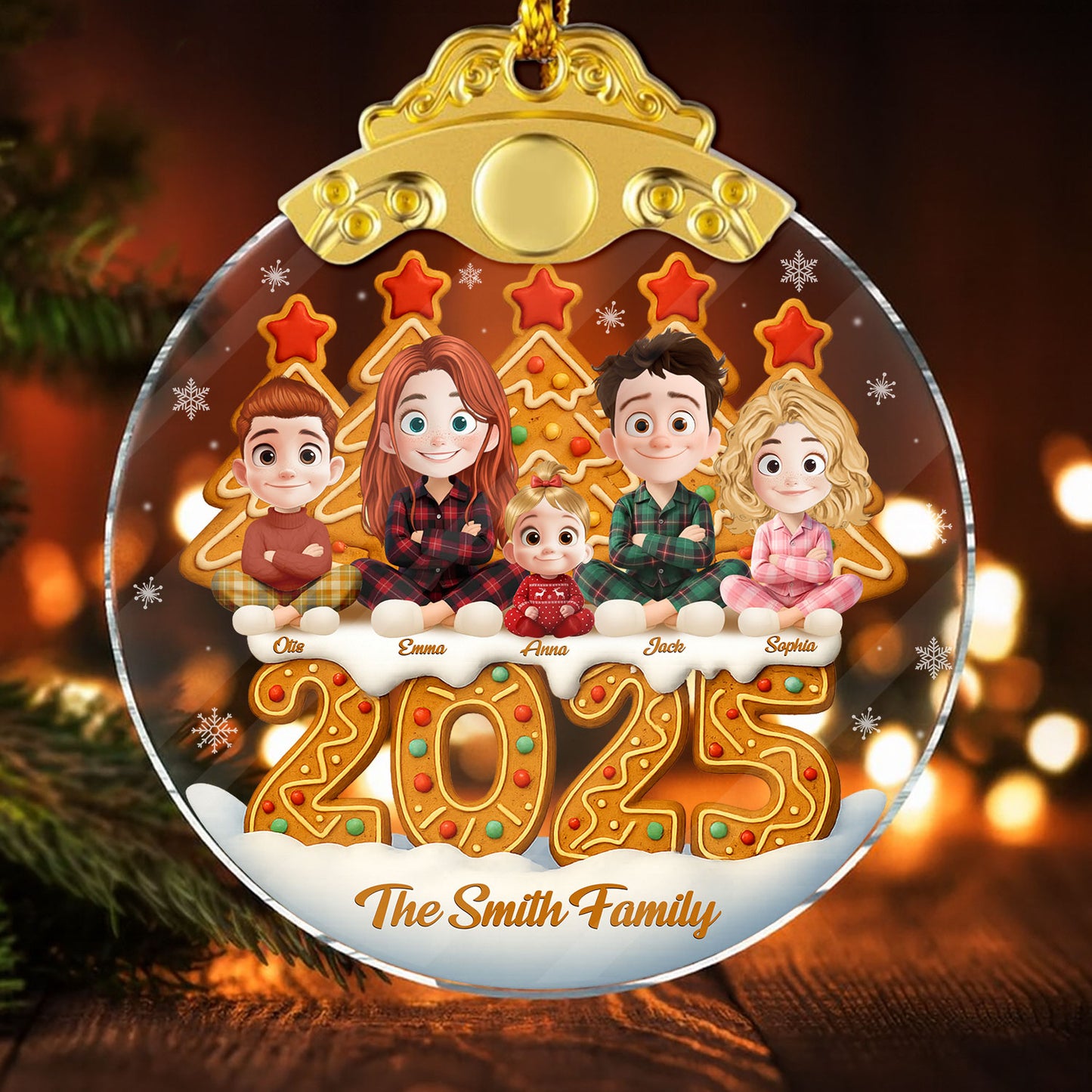 Personalized "Our Christmas 2025" glass ornament with silver and gold cap.