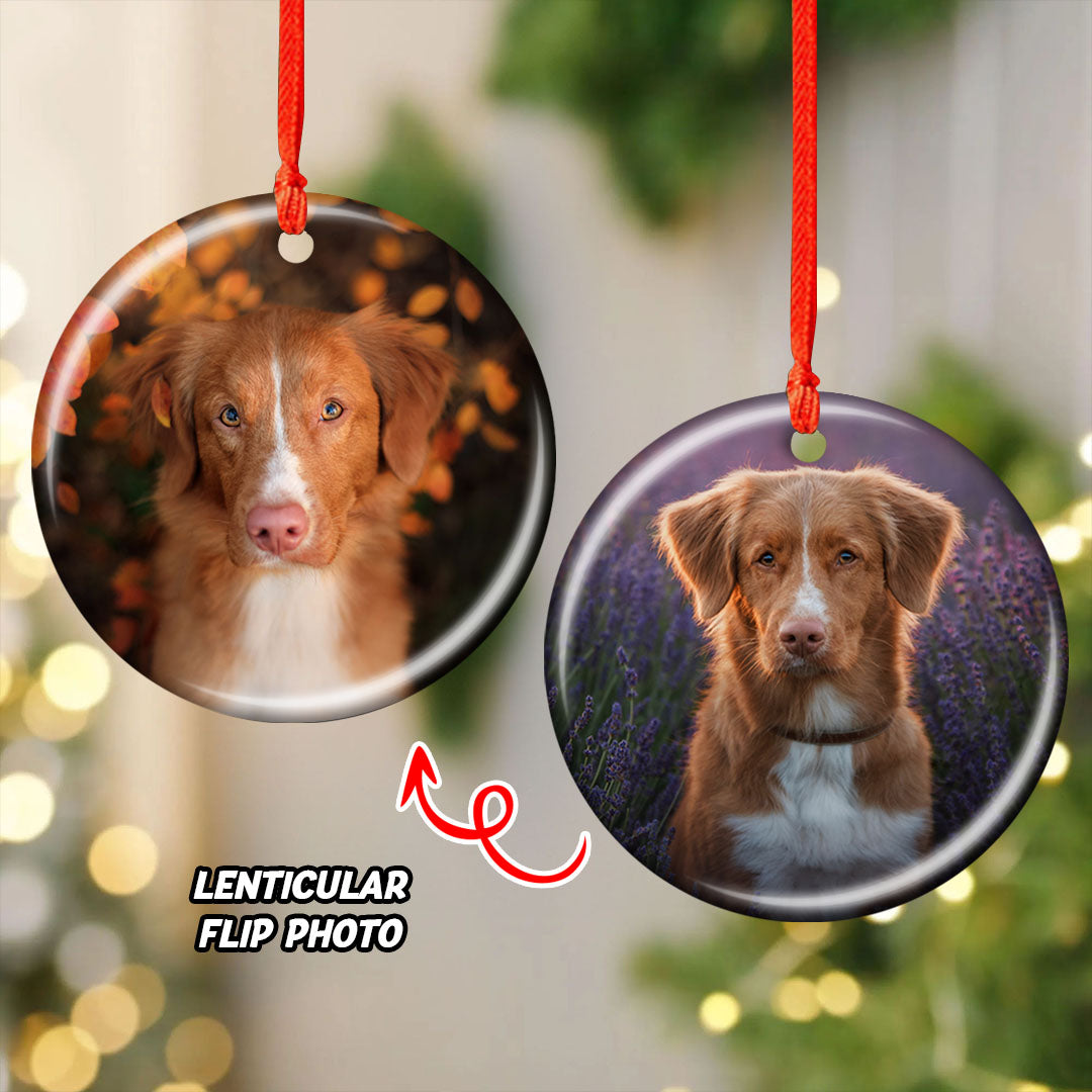 Cute pet custom photo lenticular ornament showing a dog turning its head.