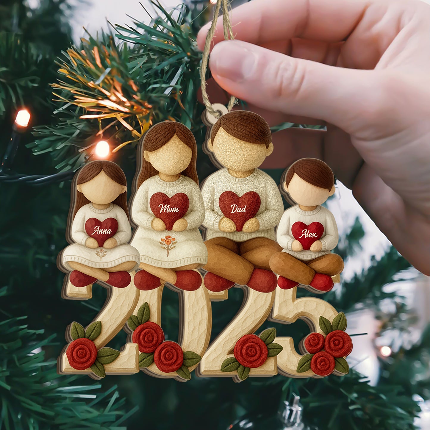 Personalized "Our Family 2025" Christmas ornament, clear acrylic, perfect family keepsake.