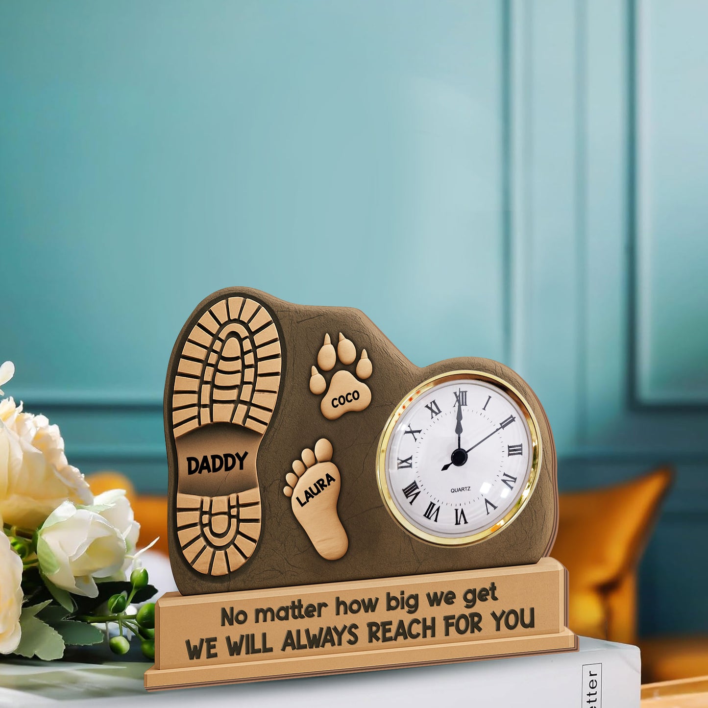 Personalized Family Desk Clock Plaque with Names, a custom engraved gift.