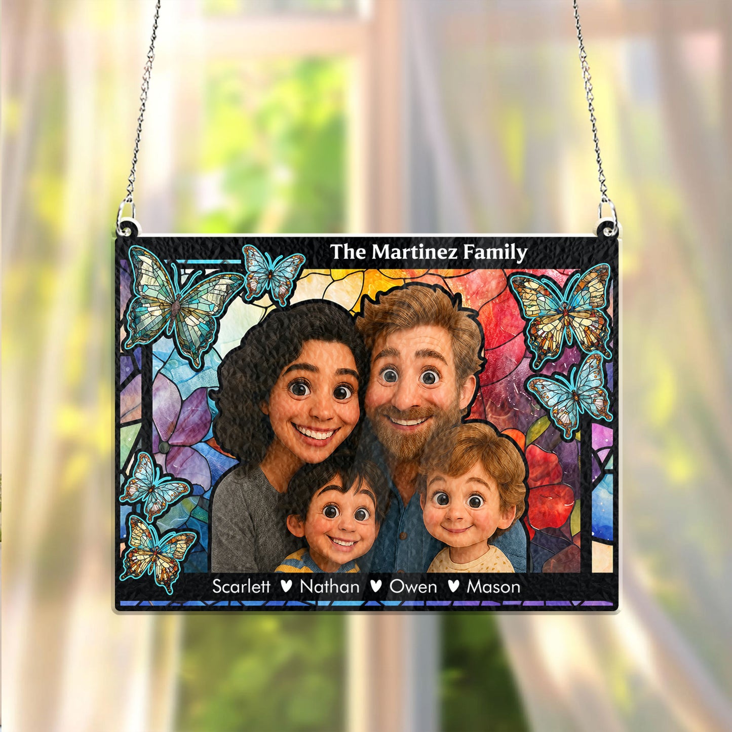 Personalized family photo stained glass suncatcher hanging in a window, creating colorful light.