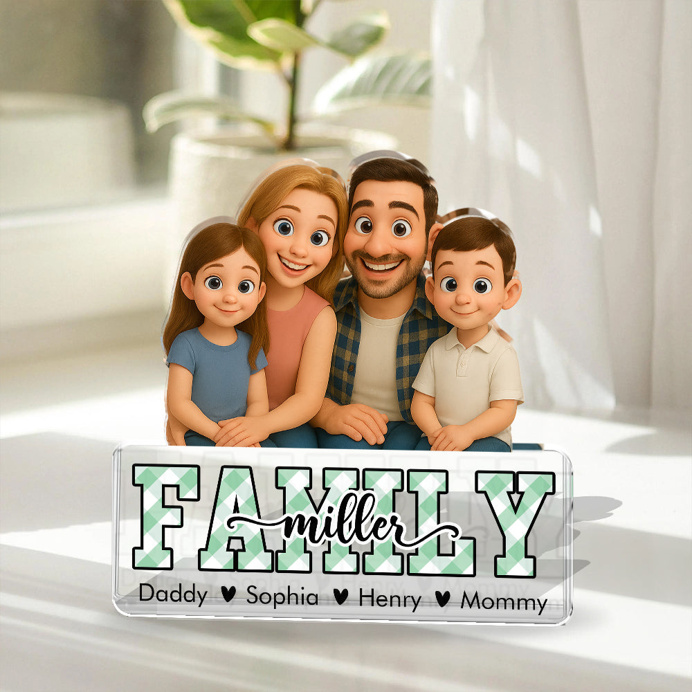 Personalized "Our Family Name" cartoon custom figure acrylic block plaque.