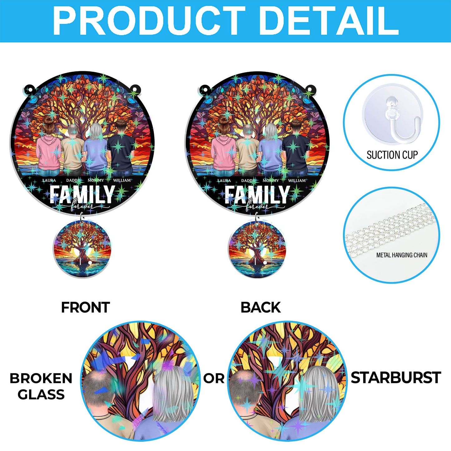 Personalized "Our Family" custom shape hologram window decor.