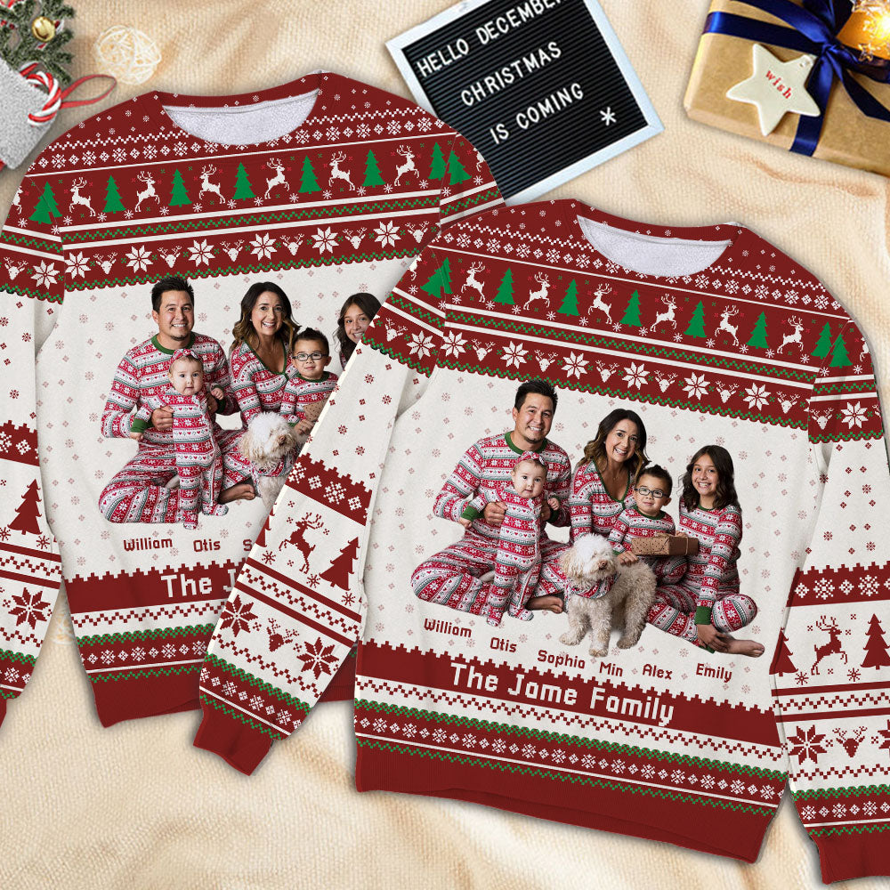 Our Family personalized sweatshirt, a unisex wool jumper, perfect Christmas gift.