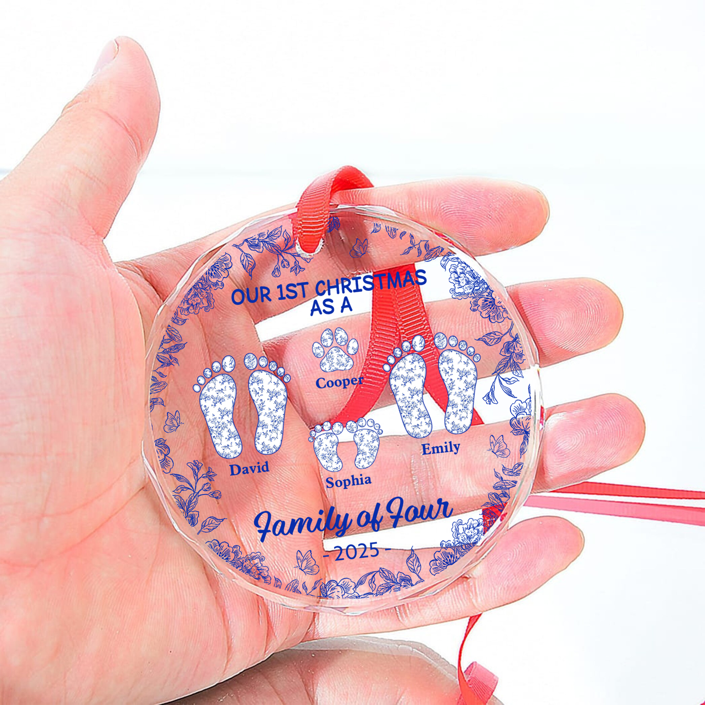 Personalized "Our First Christmas" custom glass ornament.