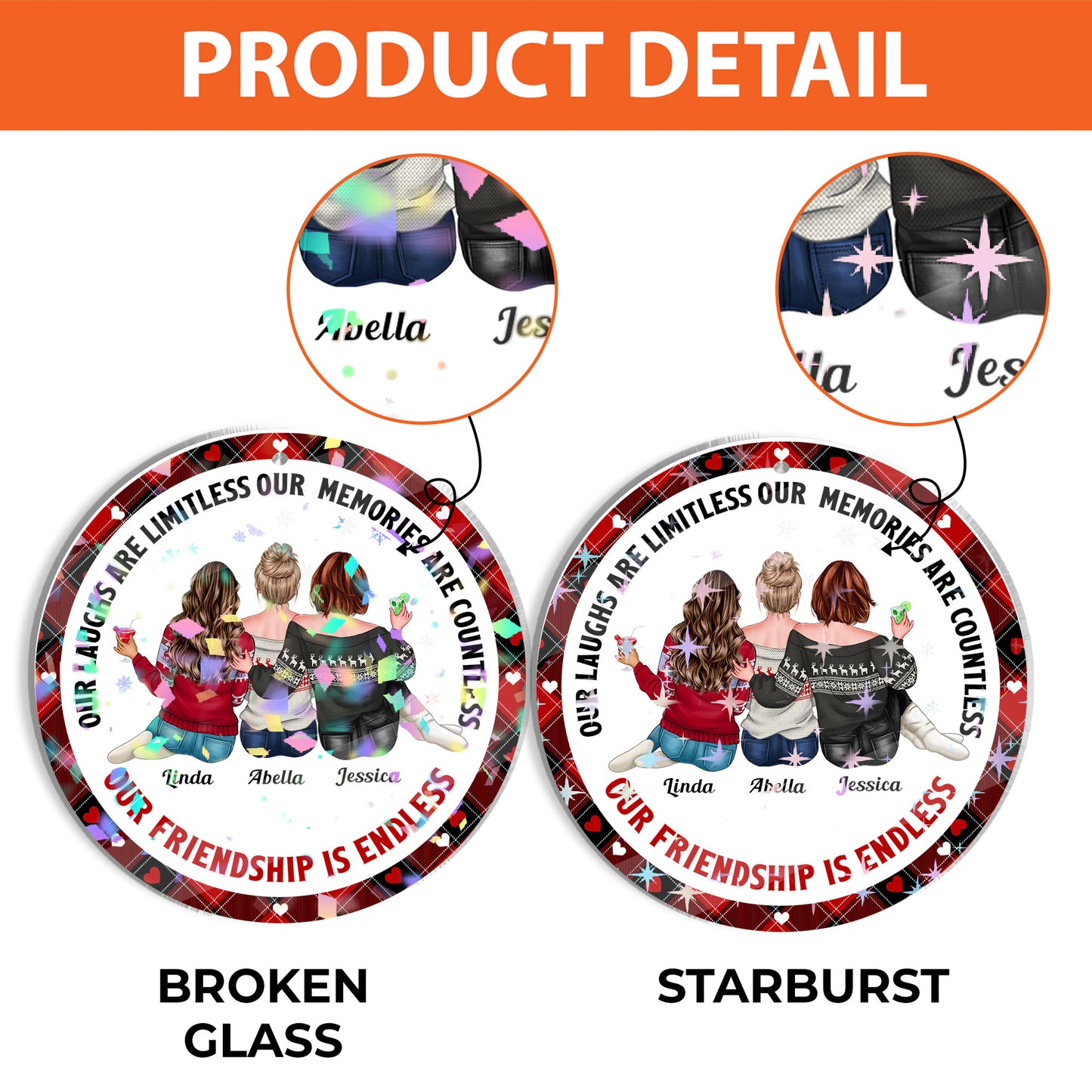 Our Friendship is Endless Custom Shape Hologram Ornament. Perfect personalized friend gift.