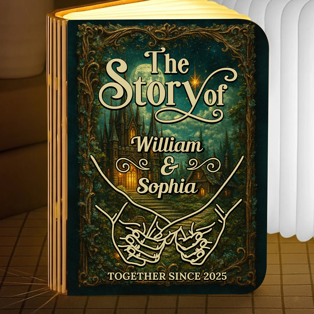Personalized Book Lamp showcasing "Our Love Story" design; a unique and romantic custom gift idea.