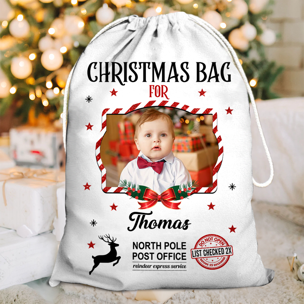 Personalized Christmas photo bag; a festive gift sack for family with custom picture.