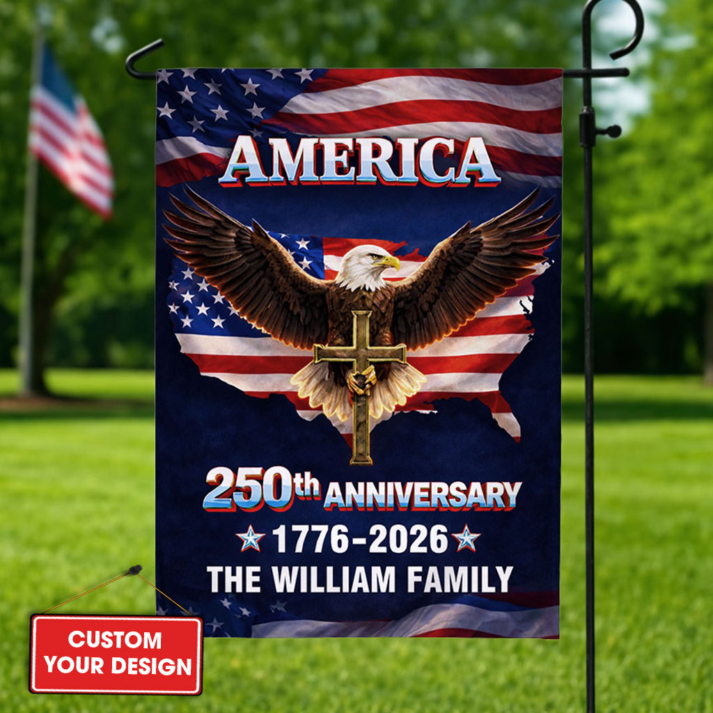 Personalized Family Name America 250th Anniversary Garden Flag. Show your patriotic pride!