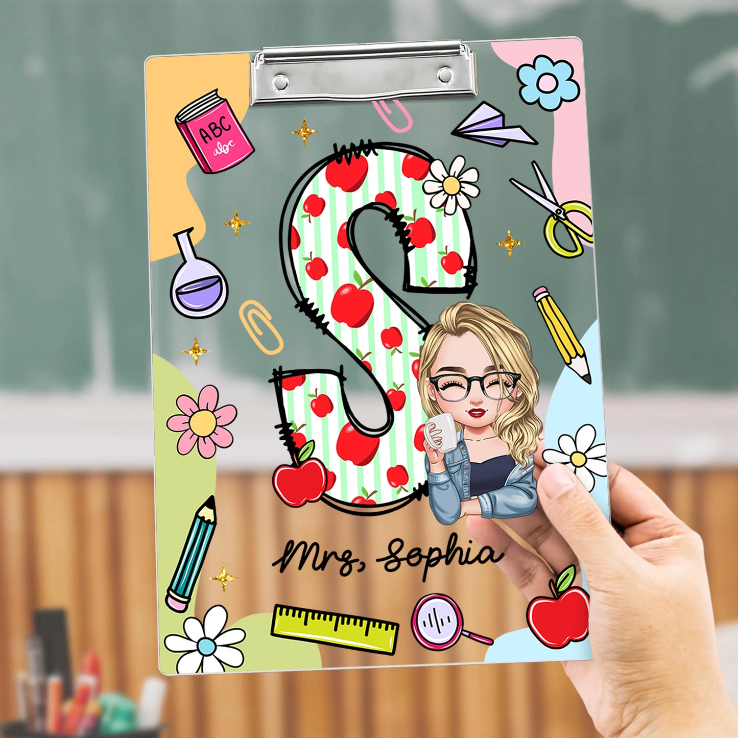 Personalized acrylic clipboard with teacher's name, a custom letter name gift from Jillian Customs.