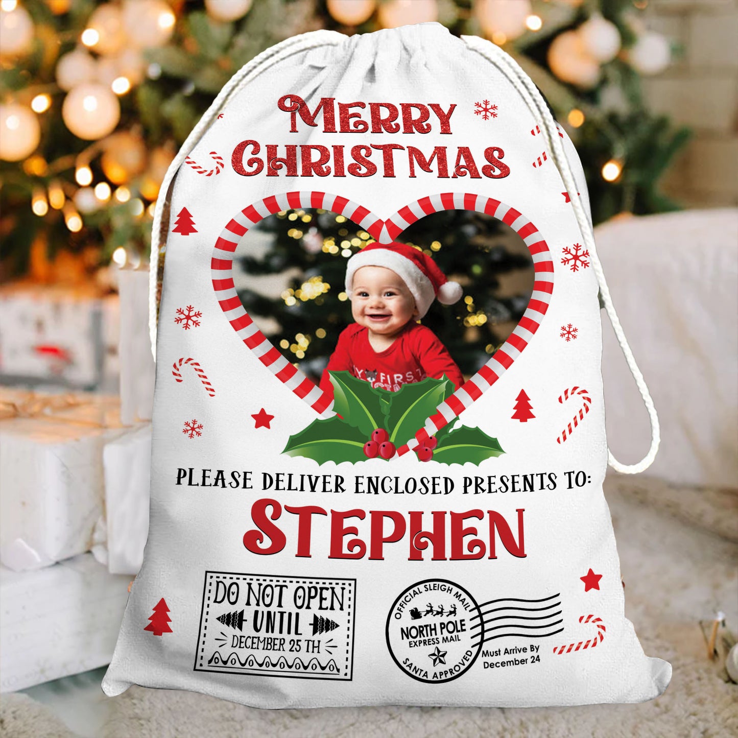 Personalized Merry Christmas photo bag, a festive Christmas sack gift for family.