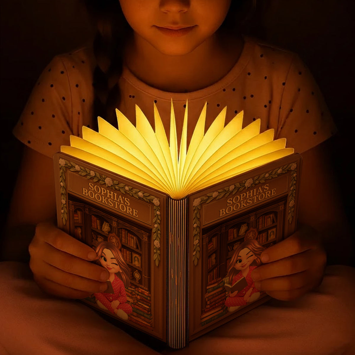 Personalized book lamp featuring a girl reading in a bookstore, perfect for book lovers.